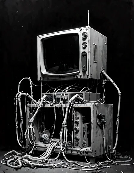 score_9, score_8_up, score_7_up, mm-style, monochrome, black background, ( television monster ), pipes and wires, horror, dark fantasy, full body, <lora:Monochrome_Monsters_Pony:0.8>