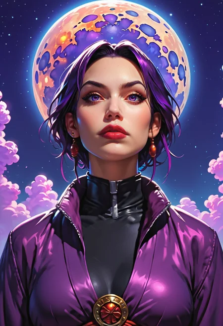 <lora:g0th1cPXL:0.5>g0th1c<lora:TradingCardsPonyXL:0.65>dsktrdcardxl,score_9, score_8_up, score_7_up, score_6_up, solo, source_comic, comic book art, fantasy art, Lenticular, dark and dim, Low Angle, (side view perspective), a woman, (ninja:1.1) woman, with amber ,ultraviolet hair, deep blue ,purple eyes, detailed eyes, with a high collar cyber (Samurai:1.1) jacket, Large linen cape ,super detailed, background is gray , surrounded by a detailed spacescape with translucent dark-amber Highlights, stunning lighting, detailed, highly vibrant, detailed, masterpiece, highly detailed, high quality, score_5_up, score_4_up,