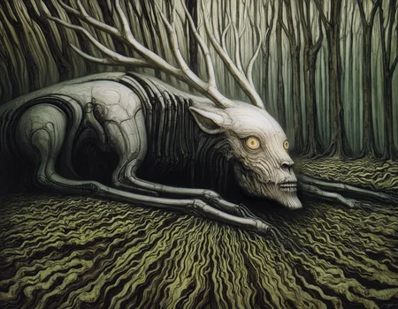 best quality, highres, absurdres, uhd masterpiece, 4k, painterly, realistic, (traditional media, sketch, inked:0.6), mecha monster, biomechanical blue deer, antlers, occult, yellow eyes, abundance of surreal plants, abundance of surreal nature, abundance of nature variation, abundance of plant variation, surreal landscape background, abundance of landscape variation, abundance of surrealism, artist: h.r. giger , horror \(theme\), shadow, hdr, <lora:HR Giger Illustrious 0.1-step00000630:0.7>