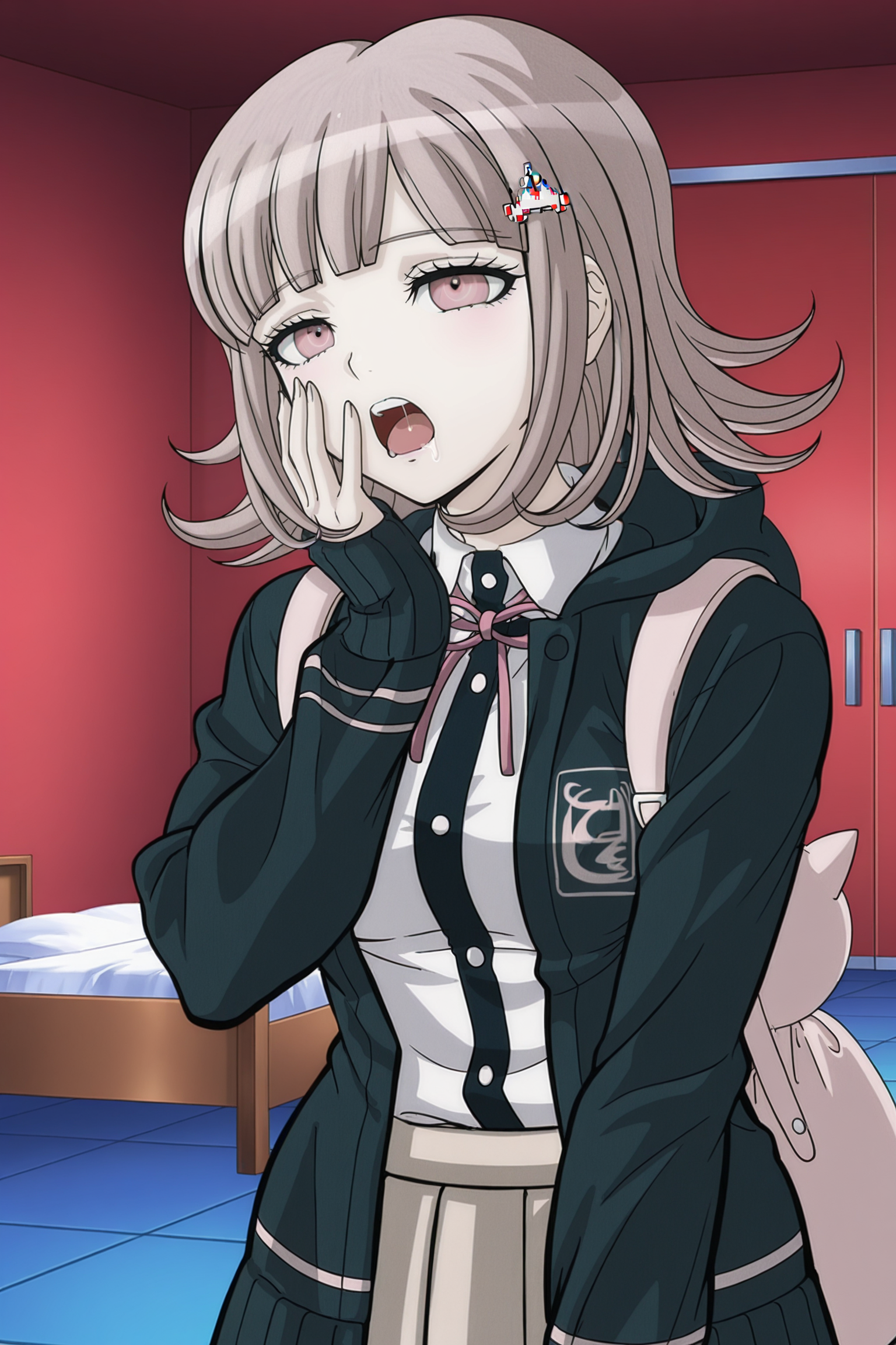 anime screencap, masterpiece, best quality, amazing quality, very aesthetic, absurdres,  newest, (scenery, volumetric lighting),
nanami chiaki, official style, 1girl, solo, breasts, looking at viewer, flipped hair, medium hair, light brown hair, pink eyes, open mouth, bangs, hairclip, neck ribbon, pink ribbon, black hoodie, open hoodie, hood down, backpack, pink bag, collared shirt, white shirt, two-tone shirt, long sleeves, shirt tucked in, pleated skirt, brown skirt, miniskirt, indoors, bedroom, yawning, bed, table, upper body, hand to own mouth, saliva, upper teeth only, red wall, blue floor, tile floor, furniture
 <lora:Chiaki_IL:0.8>