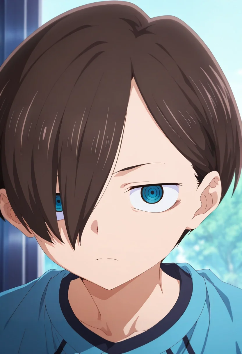 masterpiece, best quality, intricate details, anime screencap, anime coloring, , looking at viewer, 1boy, solo, male focus, <lora:kyoutarou_ichikawa_ilxl:0.96>, kyoutarou_ichikawa, brown hair, blue eyes, short hair, hair over one eye, bangs, ,