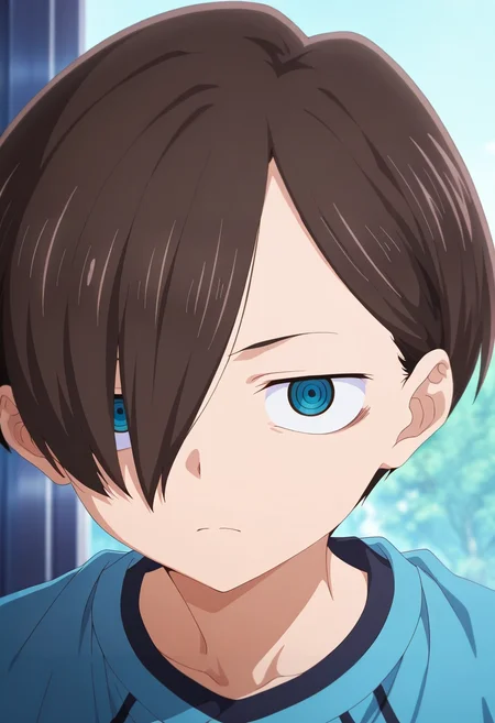 masterpiece, best quality, intricate details, anime screencap, anime coloring, , looking at viewer, 1boy, solo, male focus, <lora:kyoutarou_ichikawa_ilxl:0.96>, kyoutarou_ichikawa, brown hair, blue eyes, short hair, hair over one eye, bangs, ,