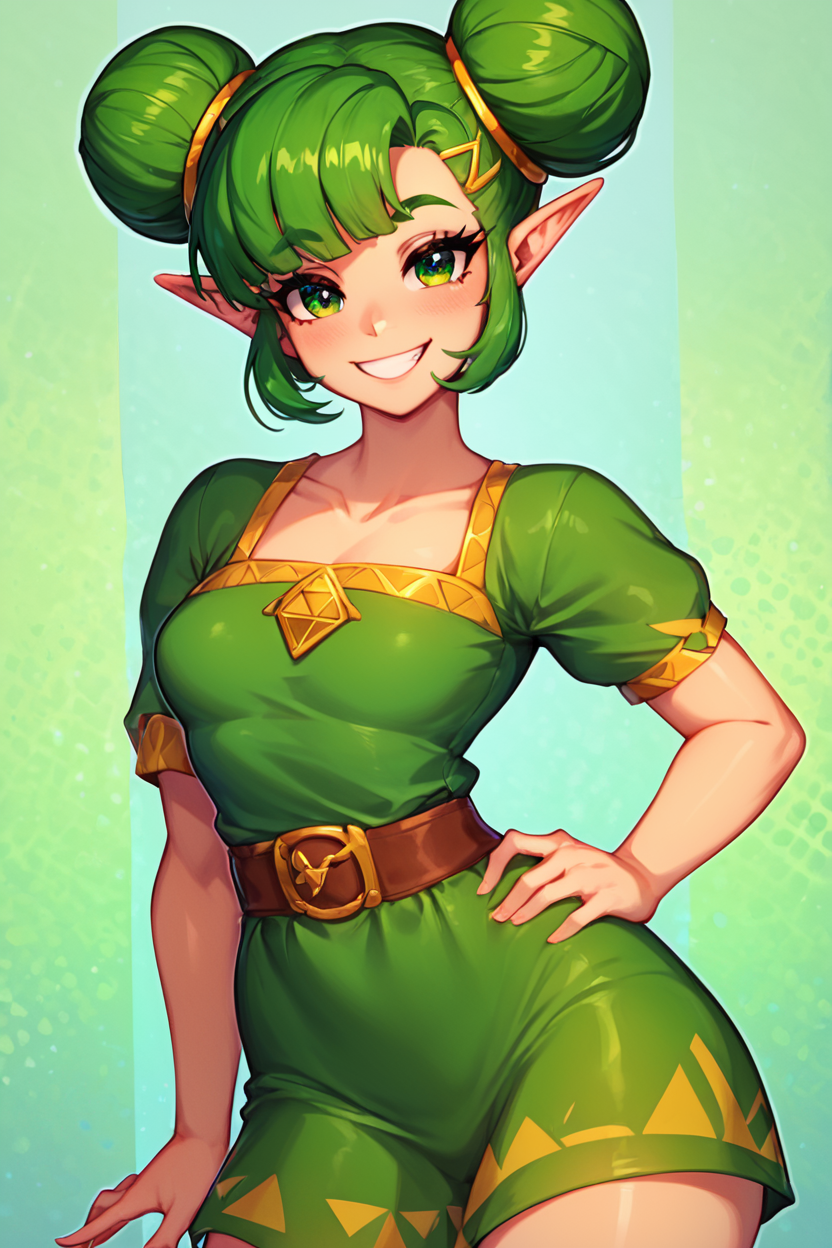 score_9, score_8_up, score_8, medium breasts,(curvy), cute, eyelashes,       BREAK, , ,,,  zzFarore, green eyes, green hair, double bun, pointy ears, bangs, green dress, collarbone, short sleeves <lora:Farore_Zelda_PDXL:0.6>, ,,, <lora:Afrobull_PDXL_v5:0.8>,  ,,,, BREAK, smile, looking at viewer, hip to the side, hand on hip, contrapposto, embedding:zPDXL, Expressiveh, <lora:SDXLFaeTastic2400:0.5>, <lora:Expressive_H-000001:0.4>,
