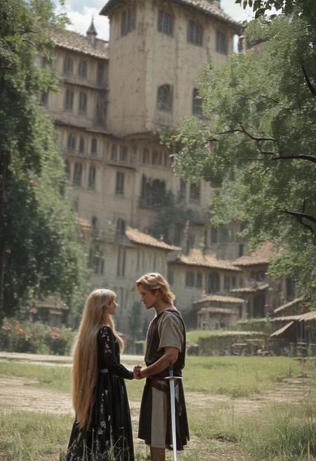 score_9, raw photo, scenery, village, romance, film still, grainy, , (1girl, cute smile, peasant clothes)(1boy, knight shirt), templar, sword on belt, dress, black dress, long hair, blonde hair, outdoors, blurry, holding hands, grass