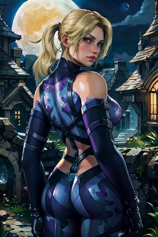 masterpiece,best quality,extreme detail,8k,<lora:nina:0.8>,nina2, 1girl, solo, long hair, blonde hair, gloves, bare shoulders, ponytail, ass, looking back, from behind, bodysuit, moon, full moon