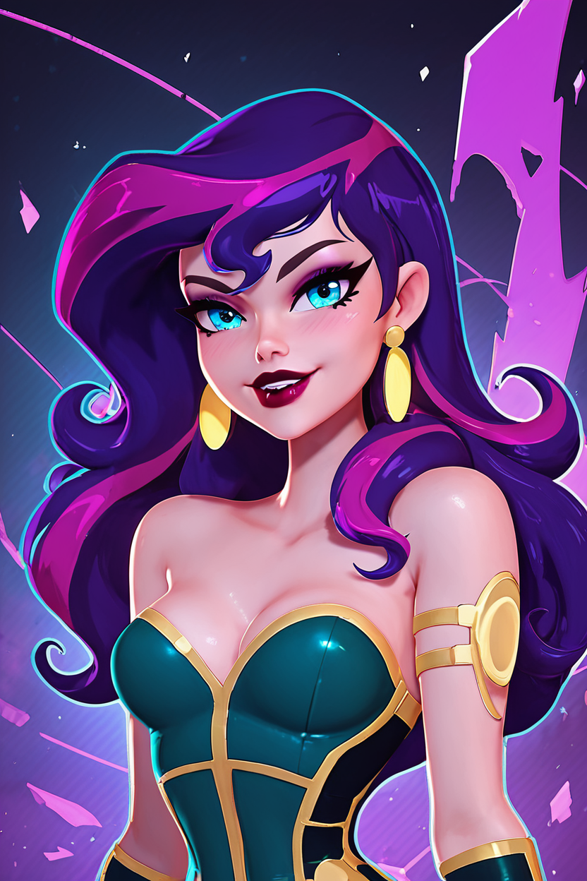 score_9, score_8_up, score_8, medium breasts, (curvy), cute, eyelashes,       BREAK, , ,,,    zzCirce, blue eyes, purple hair, long hair, bare shoulders, jewelry, earrings, makeup, lipstick, cleavage,  ,<lora:Circe_JLU_PDXL:1.0>,   ,,, , BREAK, smile, looking at viewer, cowboy shot, ,,, embedding:zPDXL, Expressiveh, ,,, <lora:Zy0n7_PDXL:0.8>, <lora:SDXLFaeTastic2400:0.5>, <lora:Expressive_H-000001:0.4>,