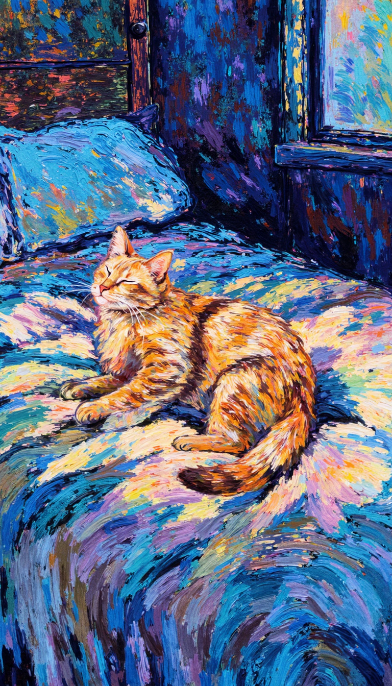 ghiblistyle,Anime style,sftsrv style illustration,style of Vincent van Gogh, Render a painting of a fluffy ginger cat luxuriating in a sun puddle on a bed, capturing the ephemeral quality of light and shadow with a painterly impasto technique.  Employ a vibrant, fauvist palette with exaggerated hues and loose, gestural brushstrokes to convey the feeling of warmth and contentment.  The scene should be a close-up, emphasizing the cat's somnolent pose and the interplay of light and texture on its fur. The background should be minimally rendered, hinting at the soft folds of bedding in cool, complementary tones.