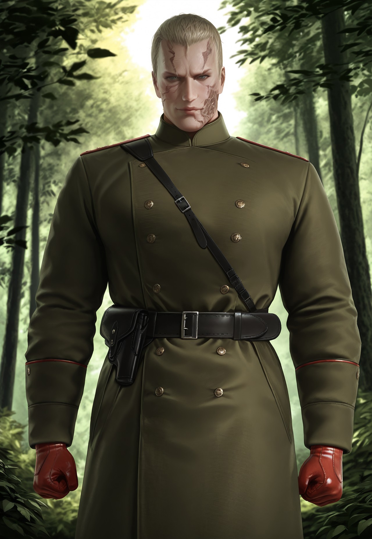 (((masterpiece))), (((high quality))), (((4k))), (((best quality))), (((very aesthetic))), (((source_realistic))), 1man, MGS Volgin, green gray eyes, blonde gray hair, short hair, face scars, burn on face, muscular, green military coat, holster, black belt, red leather gloves, from in front, forest