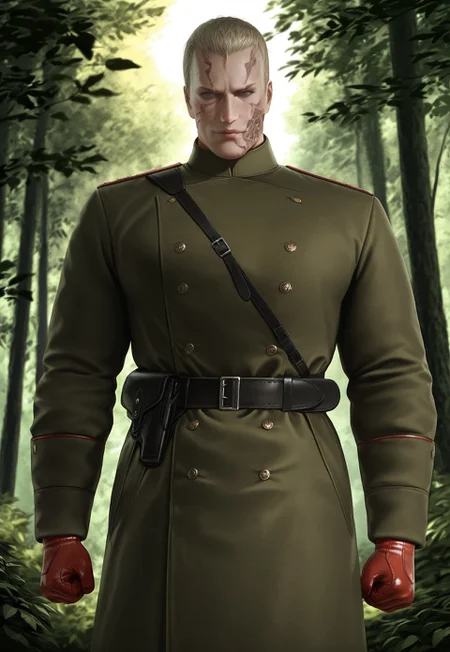 (((masterpiece))), (((high quality))), (((4k))), (((best quality))), (((very aesthetic))), (((source_realistic))), 1man, MGS Volgin, green gray eyes, blonde gray hair, short hair, face scars, burn on face, muscular, green military coat, holster, black belt, red leather gloves, from in front, forest