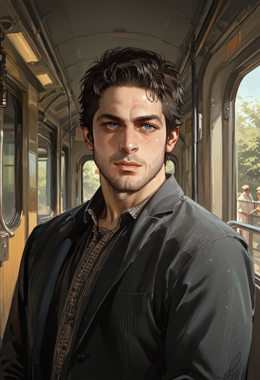 score_9, score_8_up, score_7_up, score_6_up, Expressiveh, Th1sUs3r, ph4nt0m01l, 1boy, solo, portrait, upper body, looking at viewer, front view, short black hair, black beard, blue eyes, casual outfit, standing, Victorian train station