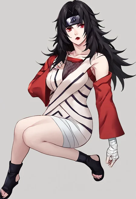 score_9, score_8_up, score_7_up, score_6_up, score_5_up, score_4_up, source_anime, 1girl,
kurenai, red eyes, black hair, long hair, forehead protector, lipstick, fishnet top, single sleeve, white dress, bandages, bandaged arm, toeless footwear,
masterpiece, best quality, very aesthetic, absurdres,