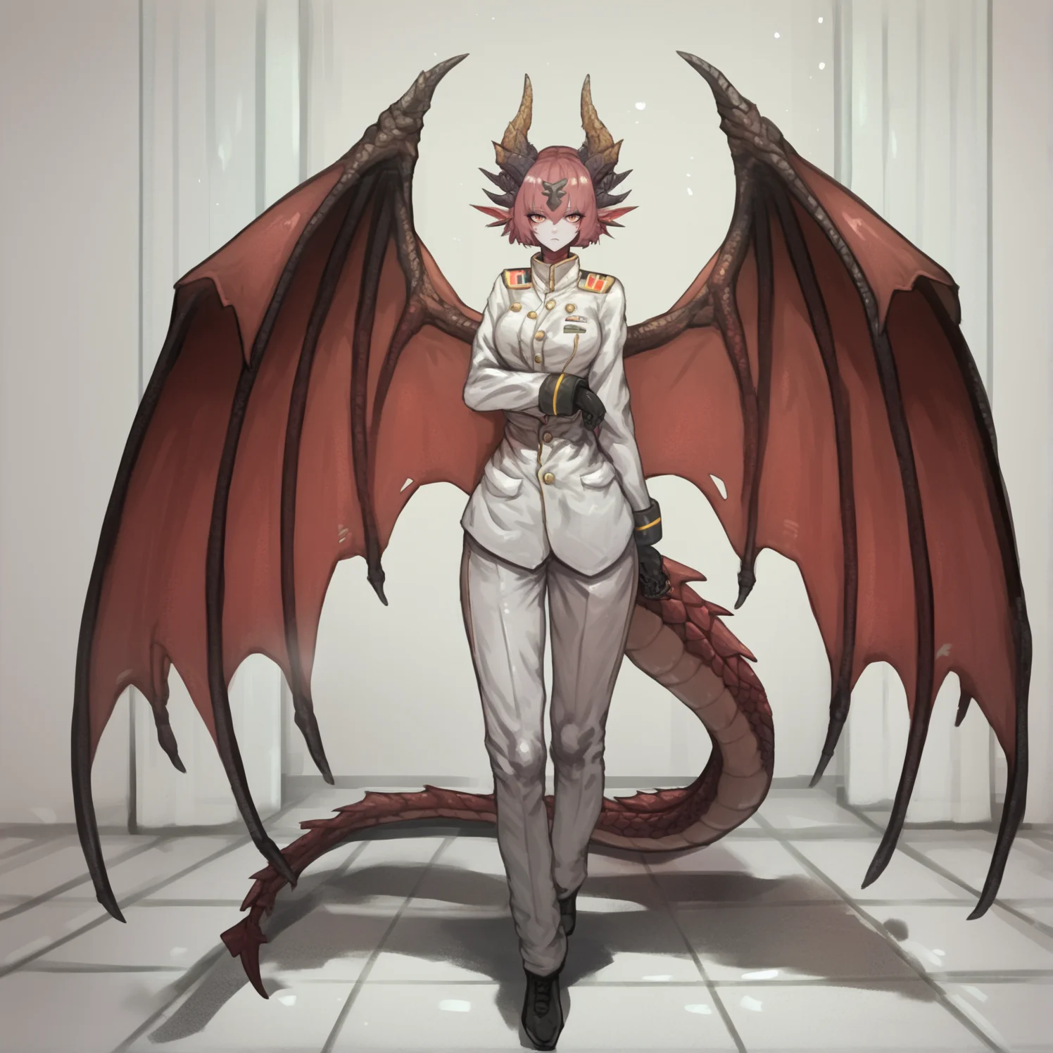 <lora:CanvasSolaris_V2.6_r1:1> cnvsls, dragon girl, dragon wings, dragon tail, dragon horns, military uniform, solo, standing behind a podium in a conference hall, looking at viewer, full body, holding a sheathed sword,, score_9, score_8_up, score_7_up, score_6_up,