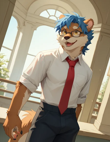 score_9, score_8_up, score_7_up, rating_safe, detailed, <lora:add-detail-xl:2.5>, anthro, furry, dutch angle, high quality, hires, detailed background, embedding:easynegative, pose, score_9, score_8_up, score_7_up, rating_safe, detailed, <lora:add-detail-xl:2.5>, anthro, furry, dutch angle, high quality, hires, detailed background, embedding:easynegative, pose, <lora:Viosgit_style.safetensors:1.1>, (by viosgit:1.2), <lora:ottis_the_otter_v1-09.safetensors:0.6> ott1s_the_0tter, (otter:1.1), male focus, clothing, joy, smile, open mouth, blue hair, shirt, pants, (red necktie:1.1), happy, yellow eyes, glasses