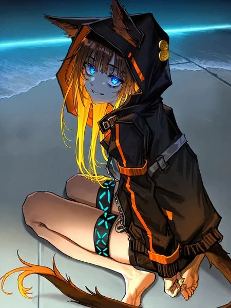 anime screencap, <lora:Konosuba_Anime_Style_IllustriousXL-000009:0.8>,
kuroume, <lora:kuroume_style_for_illustrious:0.8>,
(quasarcake:0.5), as109, xilmo, masterpiece, best quality,
<lora:Glowing_Spot_Color_-_Illustrious:0.6>, glowing eyes, streaked hair, glowing inner hair, glowing streaks,
masterpiece,best quality,amazing quality,very aesthetic,absurdres,newest, 1girl animal_ear_hood barefoot black_jacket blue_eyes brown_hair brown_tail coin feet foot_focus hood hood_up hooded_jacket infection_monitor_(arknights) jacket long_hair long_sleeves looking_at_viewer looking_back smile soles solo tail tail_ornament tail_ring thigh_strap toes