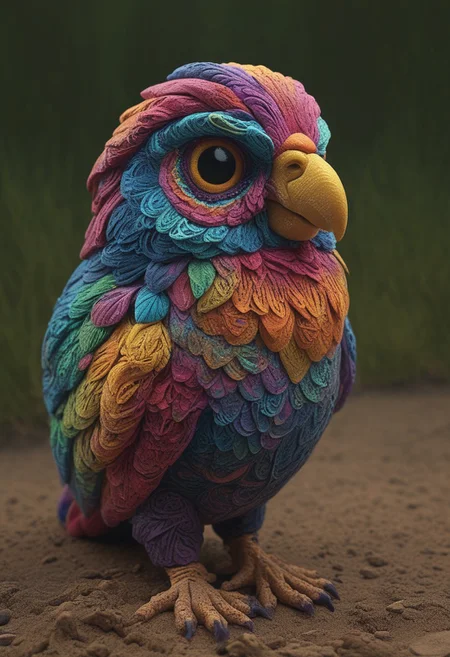 a cute chibby chicken mixed with a owl with big rainbow eyes made out of clay, it wears a cool rainbow bandana, very detailed, 4k, sharp, eating rainbow worms, novuschroma51 style