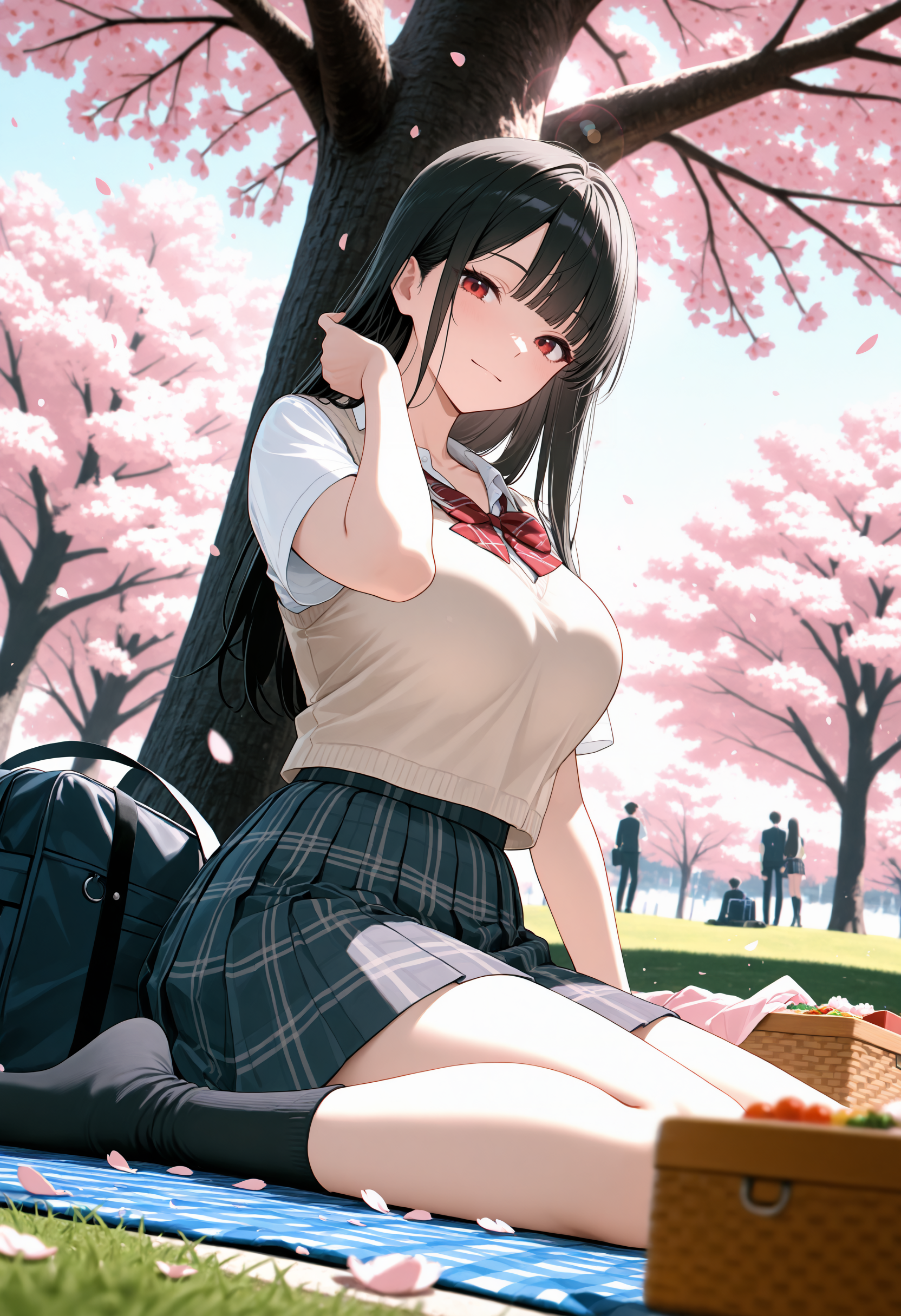 masterpiece,best quality,amazing quality,newest,absurdres,highres, newest,very awa, scenery,  anime,low contrast,low saturation,flat color,
(dutch angle:1.2), ,from side,from below, extreme  close up,
1girl, beautiful face, perfect eyes, detailed eyes,mature female,slim body,
black hair,blunt bangs,long hair, straight hair
red eyes,looking at viewer, light smile,
large breasts, 
seifuku,plaid red bowtie,white shirt, collarbone, school bag,beige vest, short sleeves, socks, plaid pleated skirt, fine fabric emphasis, 
wariza, park,  mat,picnic,picnic blanket,picnic basket,  bento, 
(sakura blossoms:1.2),petals, falling petals,park,petals on ground, adjusting hair, 
on grass,(under tree:1.2),
volumetric light,photo background,(foreshortening:1.2),(out off frame:1.2),blurry foreground,, depth of field,lens flare, chromatic aberration,sunny,shadow