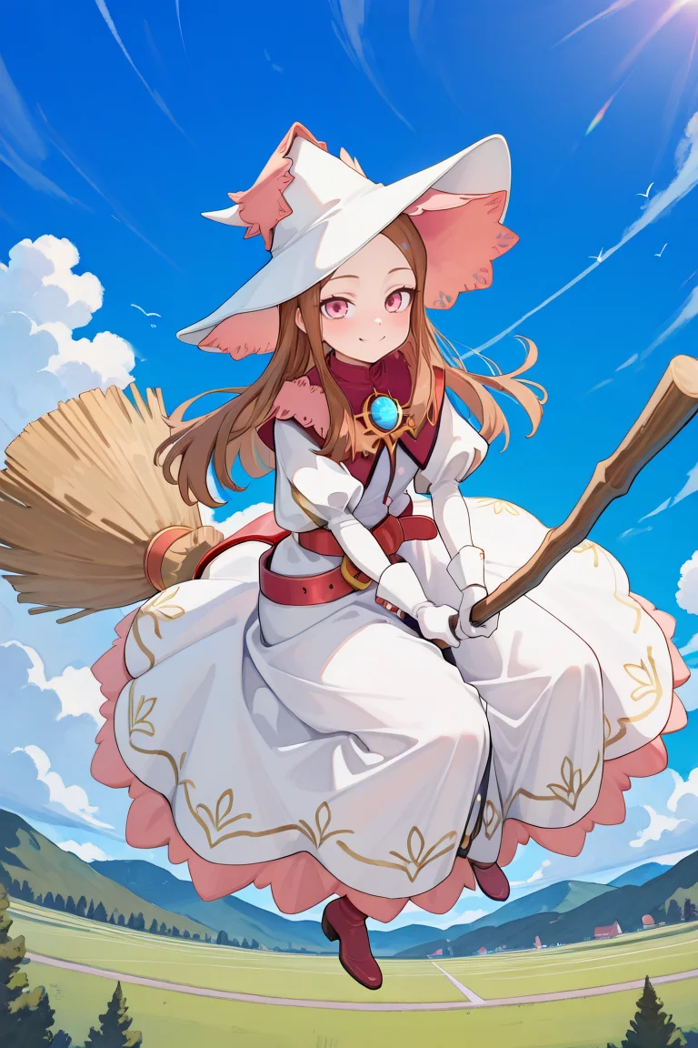 masterpiece, very aesthetic, absurdres, best quality, amazing quality, high resolution, <lora:illustrious_quality_modifiers_masterpieces_v1:0.8> , <lora:ChamIllustriousBackgroundEnhancer:0.5>, solo, <lora:RosaryIL:0.8> , RosaDef, brown hair, long hair, pink eyes, white witch hat, white dress, red belt, juliet sleeves, white gloves, looking at viewer, day, exterior, sky, flying, blue sky, clouds, full body, riding broomstick, riding broom, smile,