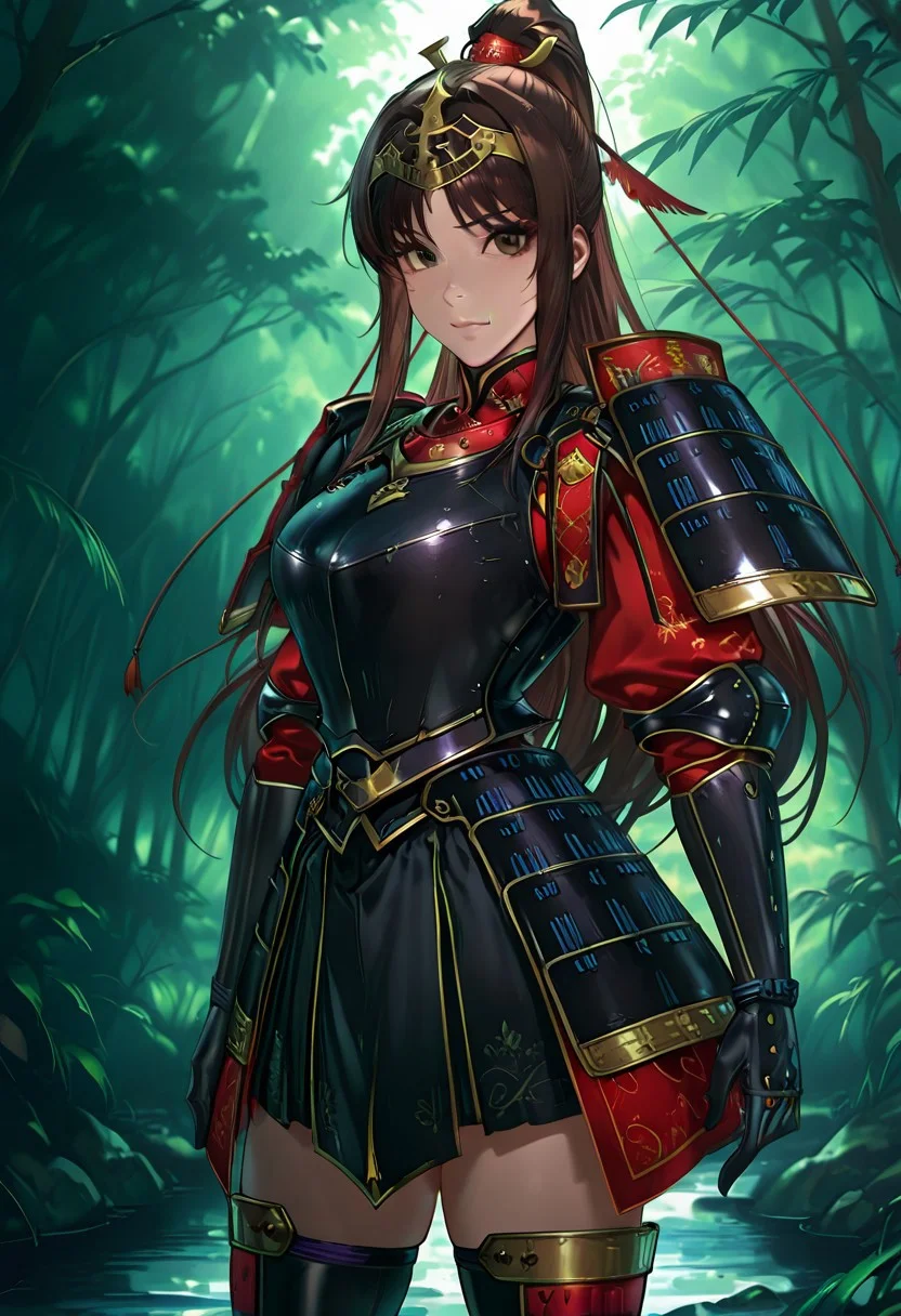 score_9, score_8_up, score_7_up, score_6_up, source_anime, , best quality, amazing quality, intricate detail, highly detailed, absurdres, 1girl, solfe female, beautiful detailed girl), Lu Lingqi, brown hair, brown eyes, long hair, high ponytail, headpiece, feathers, armored dress, shoulder armor, breast plate, black skirt, thigh boots, armored boots, gloves, chinese armor, stream,, standing, cowboy shot,, looking at viewer, confident, proud, light background with soft lighting and subtle glow, ancient Chinese-inspired fashion, regal yet approachabledynamic angle, <lora:SmoothStyle_Omega:1>