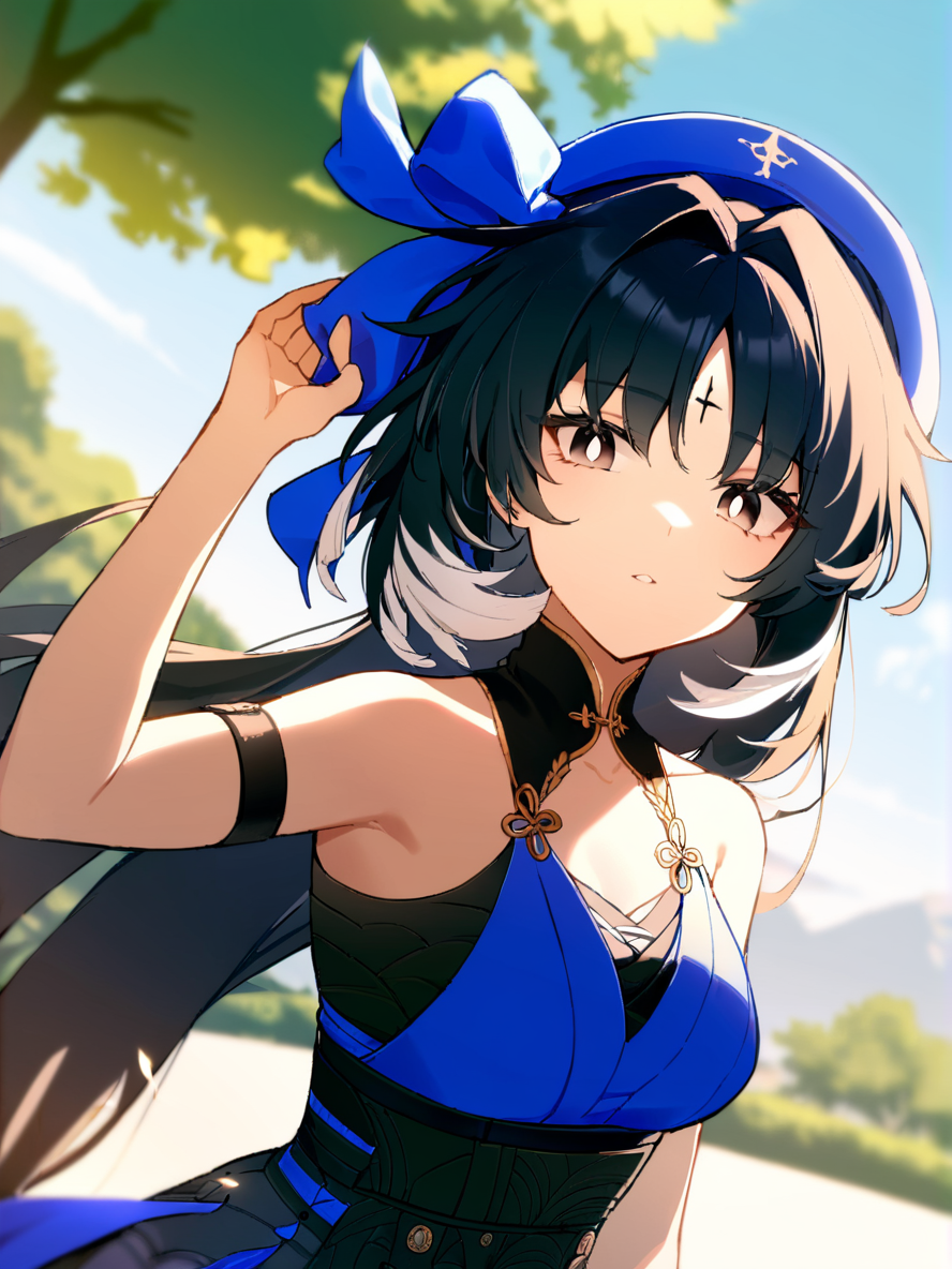 1girl, 
yangyang \(wuthering waves\),  
solo, outdoors, day, upper body, hat, black hair, sunlight, long hair, sky, sun, bright pupils, hand on headwear, cloud, blurry, parted lips, blue sky, blue bow, white pupils, bow, black eyes, blue dress, blue headwear, tree, bare shoulders, dress, sun hat, looking at viewer, hat bow, arm strap, blurry background, lens flare, 
masterpiece, best quality,  safe
 <lora:mki-ani3-yangyang-v3:1>