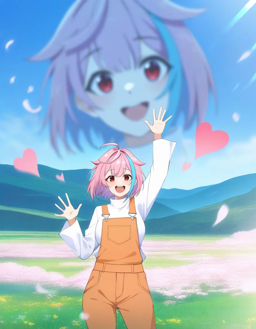 (yu-ta:0.8),(haku_geroda:0.4),(kinako_(mzknk0):0.6),thighs,motion blur,cinematic angle,cinematic lighting,sunlight,wind,flower,grass,mountaintop,waving hands,happy,overalls,orange overalls,suspenders,pants,looking at viewer,heart sticker,landscape,wide shot,zoom layer,face focus,muiltiple views,
<lora:xialuo_noob:0.75>,xialuo,1girl,solo,red eyes,pink hair,multicolored hair,blue hair,ahoge,short hair,streaked hair,bangs,breasts,
masterpiece,best quality,very aesthetic,absurdres,