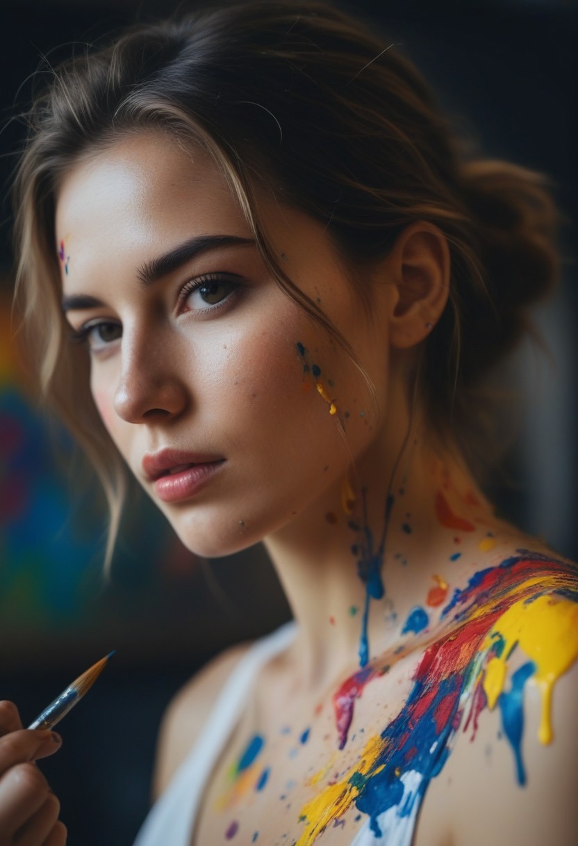 photograph close up portrait of Female painter with colorful splashes, artistic, vibrant cinematic 4k epic detailed photograph shot on olympus detailed bokeh cinematic studio bright moody