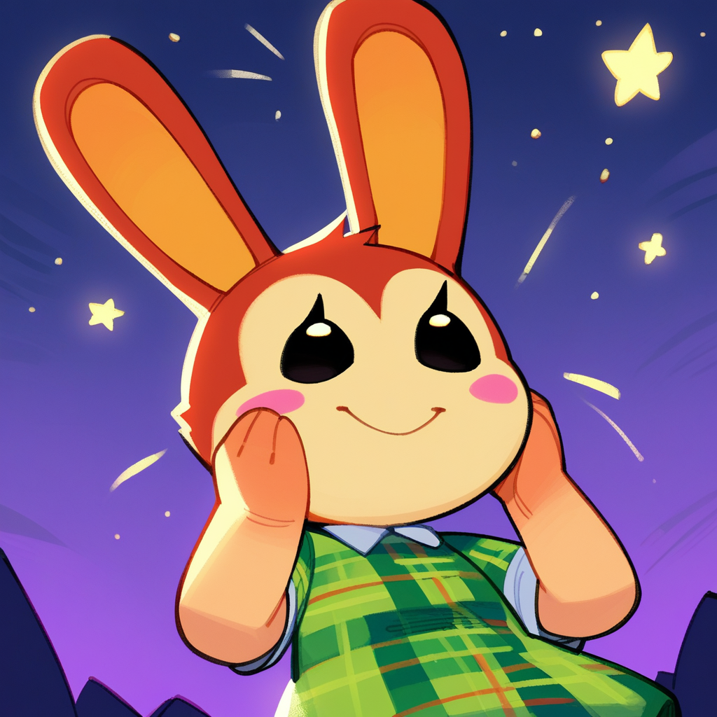 zPDXL2, score_9_up, score_8_up, score_7_up, 2d, (gjem, fwf), rating_safe, (from below,  looking up, outdoors, night, nighttime, stars), pov, cowboy shot, 1girl, solo, large head, bunnie_\(animal_crossing\), rabbit, lagomorph, anthro, red fur, black eyes, dot eyes, eyelashes, blush stickers, green plaid shirt, short sleeves, smile, hands on mouth, <lora:PDXL_Bunnie_AC:1>