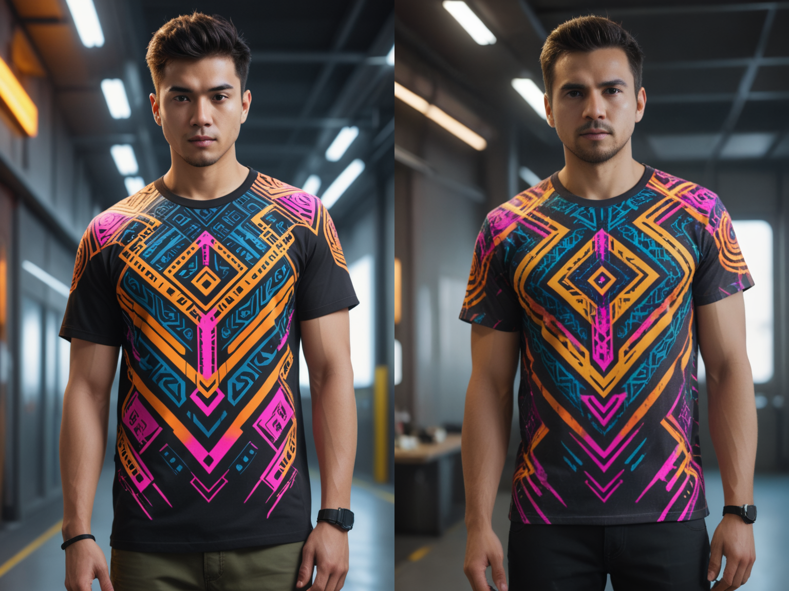 a <lora:RMSDXL_Photo:3> incredible futuristic t-shirt design, neon tribal pattern, post-processing, de-noise, ultra realistic, unreal engine