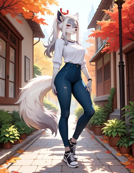 masterpiece, best quality, very aesthetic, absurdres,
outdoors, casual, 
full body, posing, 
seductive smile, parted lips, long eyelashes,
<lora:Hakuro_v01_NAIXL:1>
H4kur0,1girl,solo,furry,furry female,wolf girl,white hair,long sidelocks,bangs pinned back,ponytail,red eyes,snout,animal nose,body fur,two-tone fur,grey fur,white fur,wolf tail,