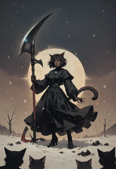 score_9, score_8_up, score_7_up score_9, score_8_up, score_7_up, score_6_up, score_5_up, score_4_up,
<lora:NeonFantasyNocturneV10:1> cult1st,
1girl, solo, breasts, looking at viewer, short hair, blue eyes, black hair, long sleeves, dress, holding, animal ears, medium breasts, standing, tail, weapon, outdoors, sky, solo focus, cat ears, holding weapon, black dress, cat tail, feet out of frame, colored skin, night, glowing, cat girl, slit pupils, furry, wind, glowing eyes, snow, furry female, snowing, long dress, silhouette, scythe, miqo'te, black skin, holding scythe
