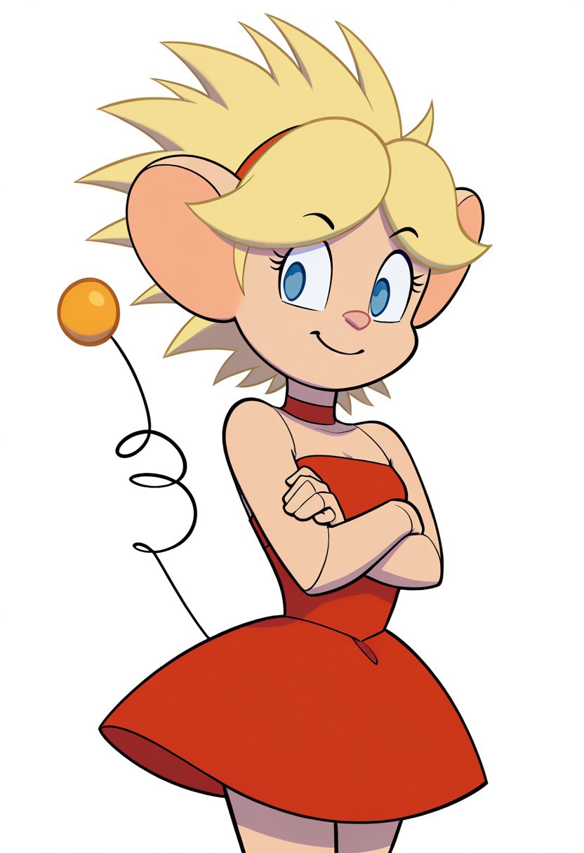 spikyhair, spiked hair, solo, springtail, arms crossed, smile, blank background, blonde hair, red dress