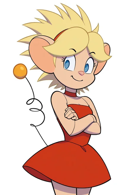 spikyhair, spiked hair, solo, springtail, arms crossed, smile, blank background, blonde hair, red dress