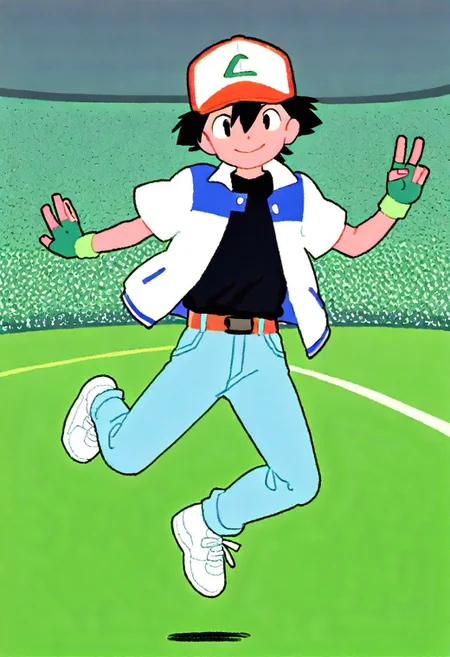best quality, masterpiece, absurdres, score_9, score_8_up, score_7_up, flat color, ashpk, 1boy, (in a stadium:1.4), male focus, solo, black eyes, black hair, hair between eyes, hat, baseball cap, shirt, black shirt, multicolored clothes, multicolored jacket, jacket, blue jacket, white jacket, open jacket, open clothes, short sleeves, gloves, green gloves, fingerless gloves, belt, jeans, denim, shoes, sneakers, white footwear, v-sign, jumping, shinning smile