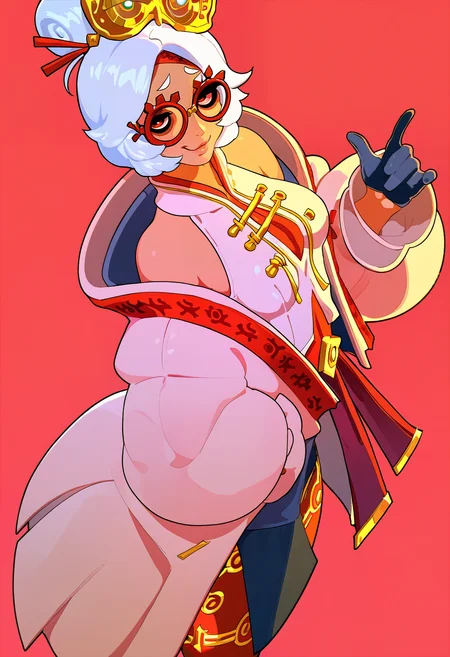 masterpiece, best quality, very aesthetic, 1girl,simple background,red background,(purah:0.7),white hair,red eyes,red-framed glasses,coat,off shoulder,sash,gloves,smug,looking at viewer,cowboy shot,gesture,hand in coat pocket,lips <lora:tartm_n11:1>