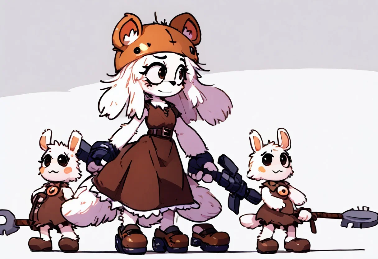 (roblox style:1.3), voxels:1.2, 1 girl, anthro, tall rat girl, white fur, medium taped hair, full body shot standing, large googles on head, brown leather dress closed, ragged:1.7, heavy belt with toolboxes, blacksmith engineer, (heavy shoes:1.5), forge and craft tools detailed background,