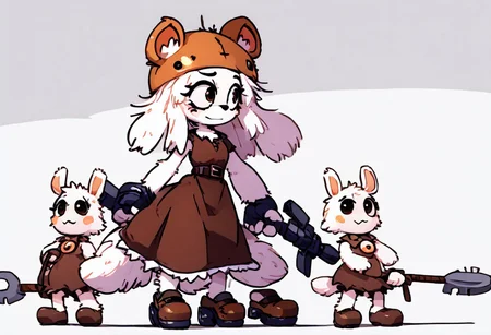 (roblox style:1.3), voxels:1.2, 1 girl, anthro, tall rat girl, white fur, medium taped hair, full body shot standing, large googles on head, brown leather dress closed, ragged:1.7, heavy belt with toolboxes, blacksmith engineer, (heavy shoes:1.5), forge and craft tools detailed background,