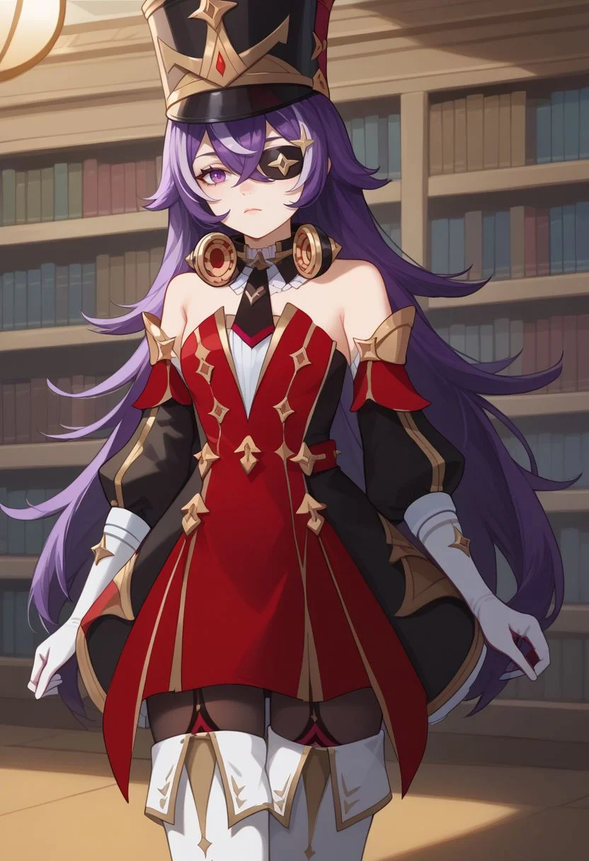 score_9, score_8_up, score_7_up, source_anime, 1girl, chevydef, purple eyes, purple hair, streaked hair, long hair, pointy hair, hair between eyes, eyepatch, mole under mouth, earmuffs, shako cap, gold trim, black necktie, red dress, strapless dress, puffy detached sleeves, bare shoulders, black headwear, detached collar, white gloves, black pantyhose, white footwear, thigh boots, standing, expressionless, looking at viewer, indoors, library, cowboy shot, <lora:Chevreuse_v1-000010:1>
