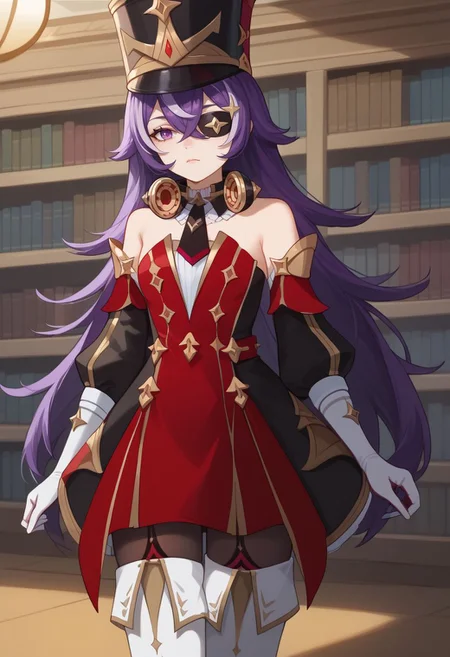 score_9, score_8_up, score_7_up, source_anime, 1girl, chevydef, purple eyes, purple hair, streaked hair, long hair, pointy hair, hair between eyes, eyepatch, mole under mouth, earmuffs, shako cap, gold trim, black necktie, red dress, strapless dress, puffy detached sleeves, bare shoulders, black headwear, detached collar, white gloves, black pantyhose, white footwear, thigh boots, standing, expressionless, looking at viewer, indoors, library, cowboy shot, <lora:Chevreuse_v1-000010:1>