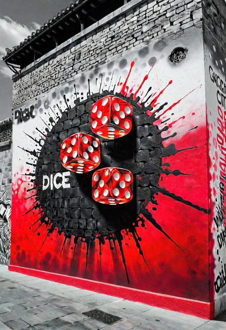city wall, spray painted on the wall is the word "DICE", (Black and white image, Red Accent)