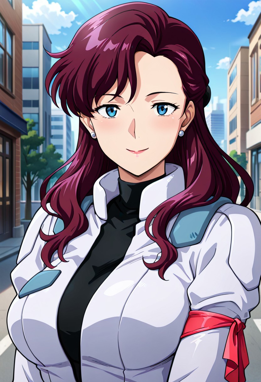 ((masterpiece, absurdres)), best quality, amazing quality, newest, 4k, anime coloring, very aesthetic, ray tracing, Smooth Quality, CG,city view,Junko, 1 mature female, purple hair, long hair, ear accessory, blue eyes, smile ,pilotsuit, turtleneck t-shirt, arm ribbon ,upper body