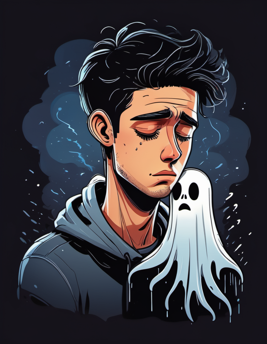 vector cartoon illustration of young man, with dark hair, crying, with tears rolling down his cheeks, hugging a ghost, with a night backgroud, sad aesthetic ambiance <lora:Vector cartoon illustration-000008:1>