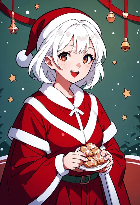 arcadia, kawaii, holding cookies with a happy expression, mclaus, , white hair, 1women, old women, red christmas outfit, solo, rating_safe,
score_9, score_8_up, score_7_up, score_6_up, score_5_up, score_4_up,