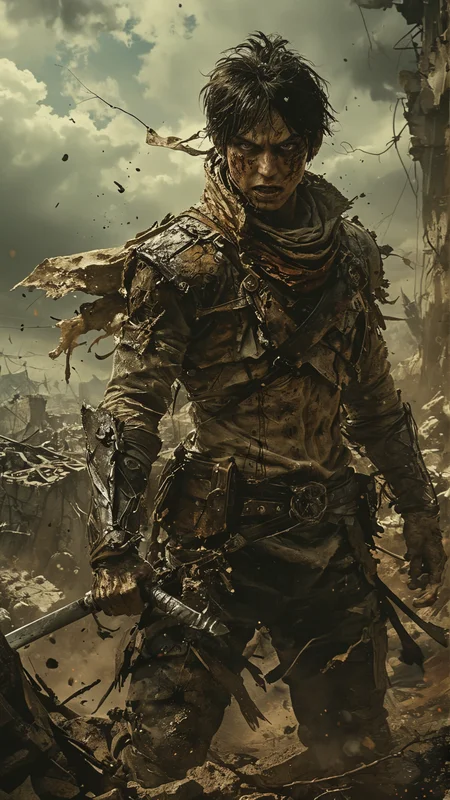 Dark fantasy style depiction of Eren Yeager from Attack on Titan, engaged in a fierce battle with a towering Titan. Eren is in mid-air, using his ODM gear, with a determined and fierce expression on his face. His clothes are tattered, and he has blood and dirt on his face and body. The background is a desolate, war-torn landscape with broken buildings and dark, ominous clouds. The Titan, with grotesque features and menacing eyes, is reaching out towards Eren. The overall atmosphere is dark, intense, and filled with a sense of impending doom and chaos
<lora:add-detail-xl:2> <lora:MJ52:0.5> <lora:ink-style_A3.1_XL:0.66> (ink-style, ink_wash_painting)