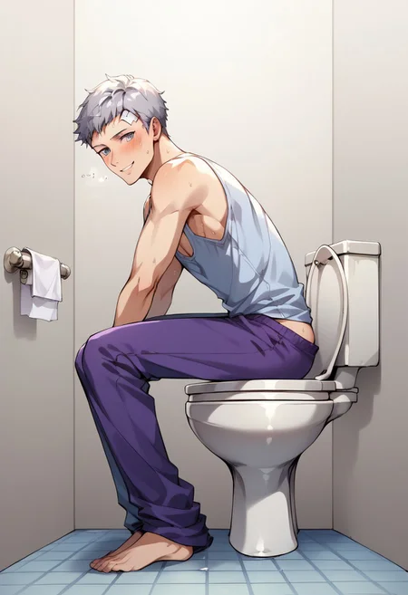 1boy, solo, silver hair, akihiko sanada, grey eyes, white bandaid
,((zPDXL)), score_9_up, score_8_up, score_7_up, score_6_up, score_5_up, score_4_up, best quality, amazing quality, best aesthetic, absurdres, year2023, uncensored, nsfw, official art, official style, depth of field, detailed eye, handsome, attractive, mature male, male focus, talking,
sweaty, flushed, depressed, smile, tank top, sweatpants, blushes when he farted, sideview asscheek, indoors, , dormitory interior, dormitory restroom, sit, lower half exposed, leaning forward, asscheek sitting on toilet, pokemon toilet, shidder, bare ass sitting on the toilet, indicating he has a stomach ache, full body, ,toilet, diarrhea in the toilet, (toilet use:1.6) , pooping on the toilet, , diarrhea, high quality, masterpiece, newest, latest full body, farting while pooping, relieved while defecating on the toilet, resting elbows on knees sit pose, purple pants pull, pants pulled around knees, fart, farting, pooping, pffttt! fart effect onomatopoeia, farting on toilet,view from side, toilet, highlighted on his bare ass sitting on the toilet, sexy sideview, <lora:sdxl_lightning_8step_lora:1> <lora:detailed_notrigger:1> <lora:Smoothanime:1>OverallDetailed<, <lora:pony_toilet:0.7> <lora:detail:1> <lora:Smooth Anime:1><lora:EMS-440908-EMS:1.000000>
<lora:Style - Expressive_H-000001:1> expressiveh