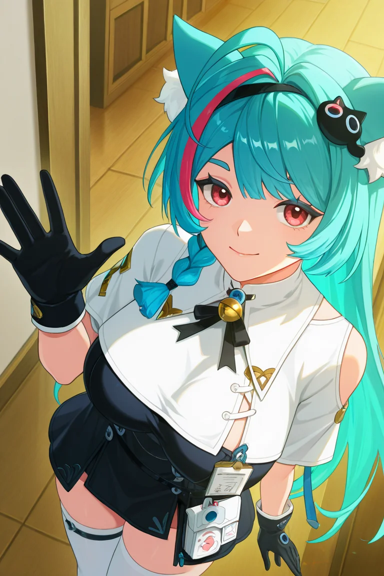 Mint_(NTE),1girl,solo,animal ears,black gloves,white thighhighs,black dress,long hair,looking at viewer,ahoge,streaked hair,closed mouth,braid,id card,hair ornament,cowboy shot,aqua hair,
realistic skin,high definition,amazing quality,very aesthetic,best quality,masterpiece,best quality,very aesthetic,highres,absurdres,sensitive,official art,original style,anime screencap,<lora:add-detail-xl:1>,<lora:Mint_v0.9_illustrious-000036:1>,smile,upper teeth only,waving,black thigh strap,perspective,looking at viewer,motion lines,
white shirt,from_above,cowboy_shot