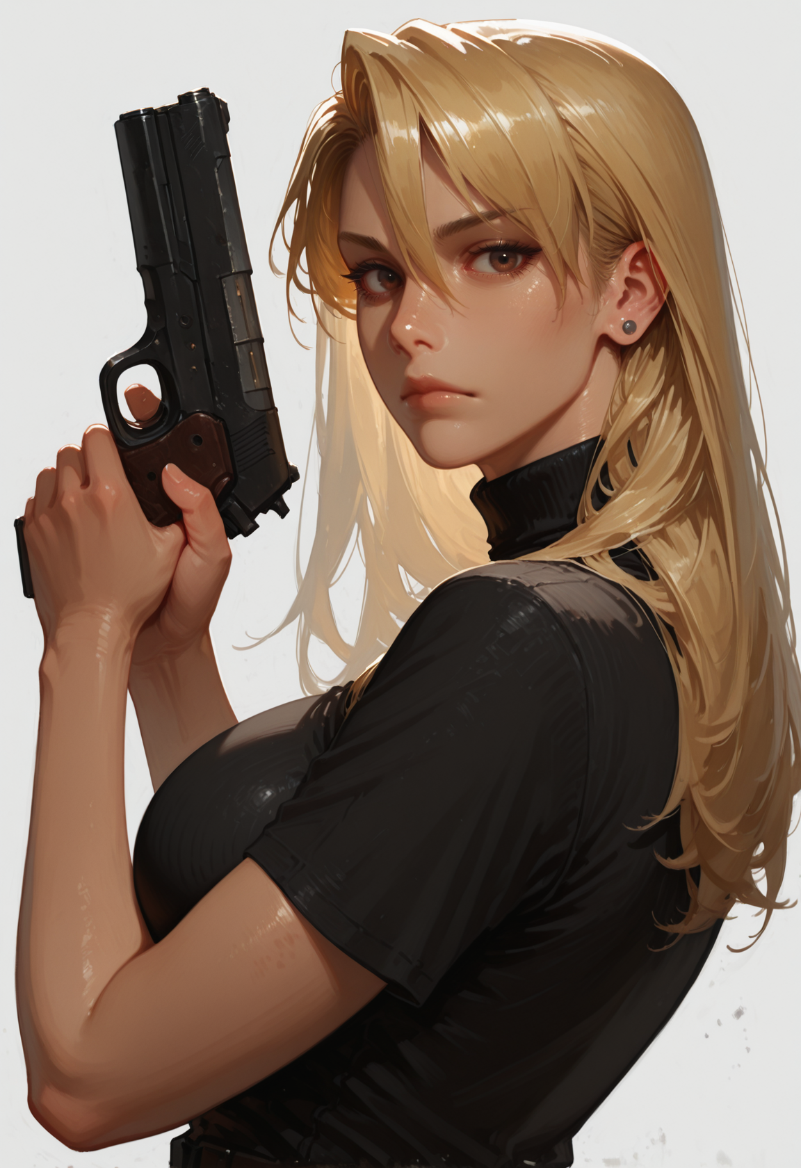 ultra-HD, cinematic lighting, photorealistic, (impressionism:1.5), high detail  ,masterpiece, best quality, very aesthetic, 8k,
1girl, weapon, solo, blonde hair, gun, long hair, brown eyes, holding, holding weapon, breasts, jewelry, holding gun, earrings, looking at viewer, handgun, shirt, simple background, black shirt, upper body, short sleeves, large breasts, looking back, stud earrings, closed mouth, grey background, white background, hair between eyes, turtleneck, hair down, hands up, from behind riza hawkeye, <lora:Detailer_NoobAI_Incrs_v1:0.75>, masterwork, masterpiece, best quality, dynamic lighting , dynamic pose,,  dynamic angle, , ,  (lineless:1.2), detailed, depth of field, dynamic lighting, blurry, (cheekbones:0.85), (realistic:1.2)
adult, aged up,