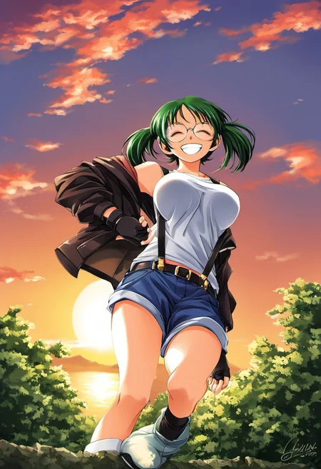 score_9, score_8_up, score_7_up, source_anime, rating_explicit, BREAK <lora:Sakurako_Ver2.0_XL:1> Sakurako, solo, glasses, green hair, closed eyes, twintails, short hair, large breasts,
smile, grin, arms behind back
gloves, shorts, fingerless gloves, tank top, jacket, suspenders,
sunset, outdoor, sky,