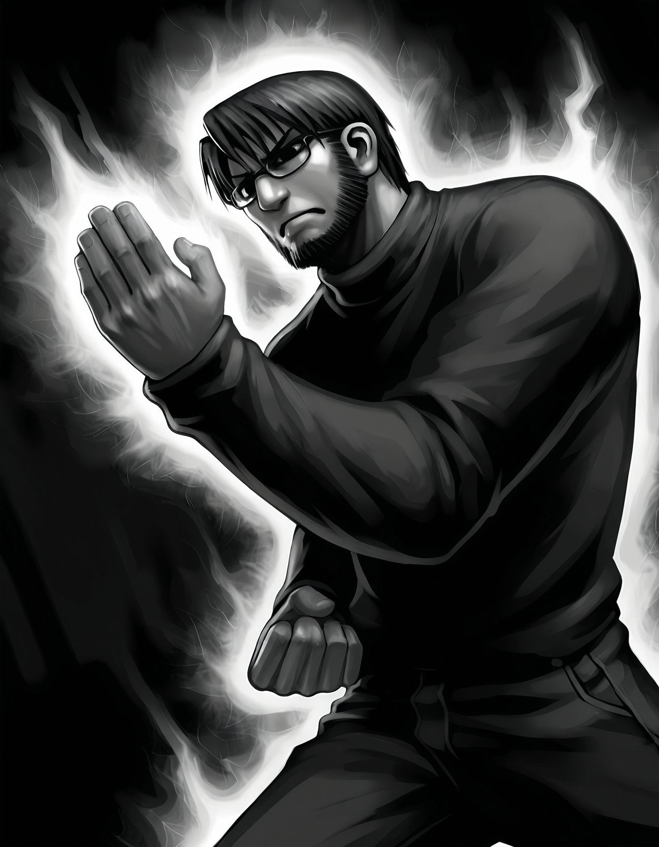 1boy, solo, male focus, 
toshiaki, glasses, facial hair, beard, 
glasses,  frown, 
turtleneck, 
fighting stance, fightin, hand up, muscular, 
simple background, dutch angle, 
monochrome, greyscale,outline, white aura,
masterpiece,best quality,amazing quality,very aesthetic,absurdres,newest,
<lora:StS-Illustrious-Detail-Slider-v1.0:1.5>, <lora:99coins_toshiaki_05:1>
