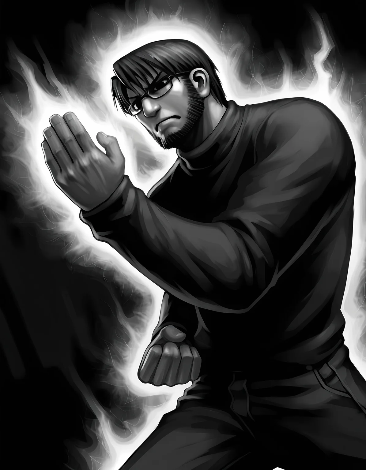1boy, solo, male focus,
toshiaki, glasses, facial hair, beard,
glasses, frown,
turtleneck,
fighting stance, fightin, hand up, muscular,
simple background, dutch angle,
monochrome, greyscale,outline, white aura,
masterpiece,best quality,amazing quality,very aesthetic,absurdres,newest,
<lora:StS-Illustrious-Detail-Slider-v1.0:1.5>, <lora:99coins_toshiaki_05:1>