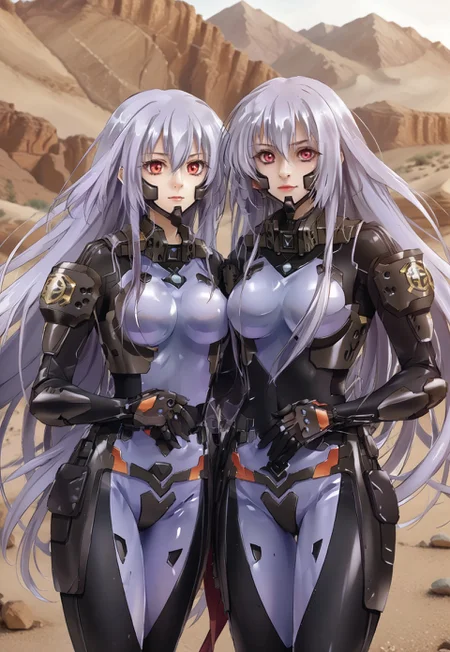 safe_pos, (score_9:0.9),score_8_up,score_7_up,rating_safe,anime style,(zPDXL),(zPDXL3),<lora:The Iris Swordsoul ponyXL v1.1:0.76>,purple eyes,light purple hair,fleurdelis, the iris swordsoul, 2girl, double, smile, closed mouth, smile,
schwarzesmarkenfortifiedsuit, pilot suit, impossible bodysuit,red eyes,,desert,schwarzesmarkenfortifiedsuit, pilot suit, impossible black bodysuit, whole body, same height, Sexy Pause,