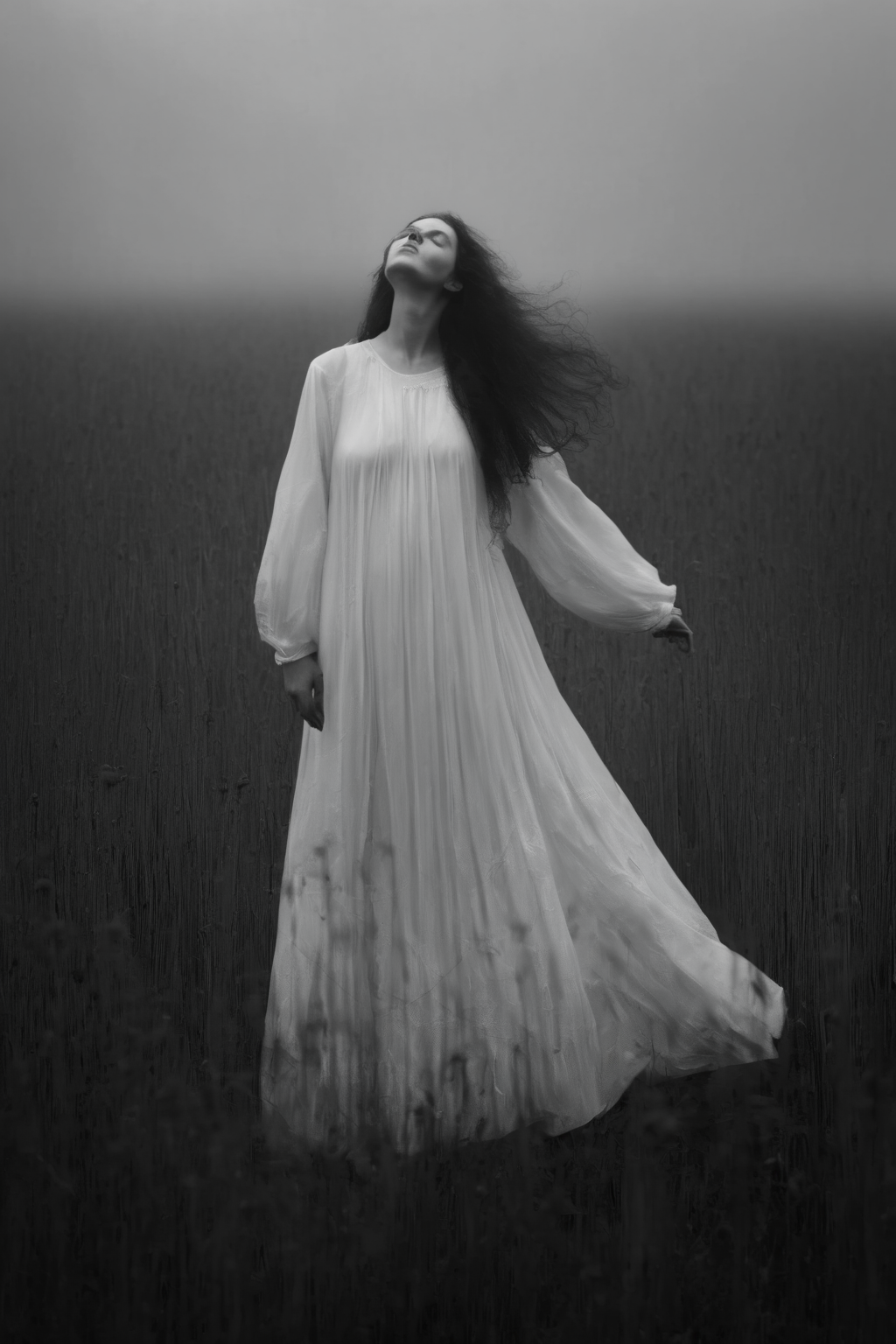 <lora:Photographer Maren Klemp Style:1>Photographer Maren Klemp Style - a woman wearing a flowing white dress standing in a field of tall grass, staring at the horizon
